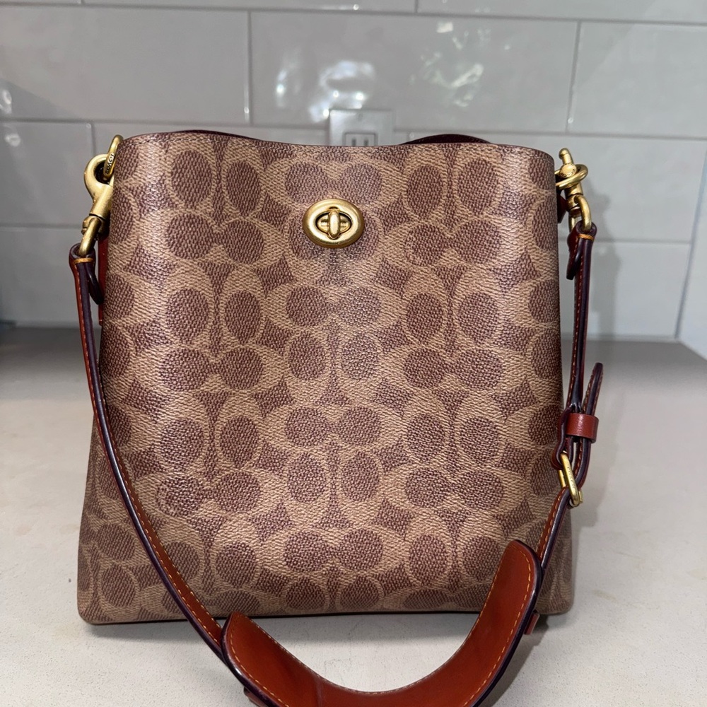 Coach Tan Patterned Shoulder Bag with Gold Hardware